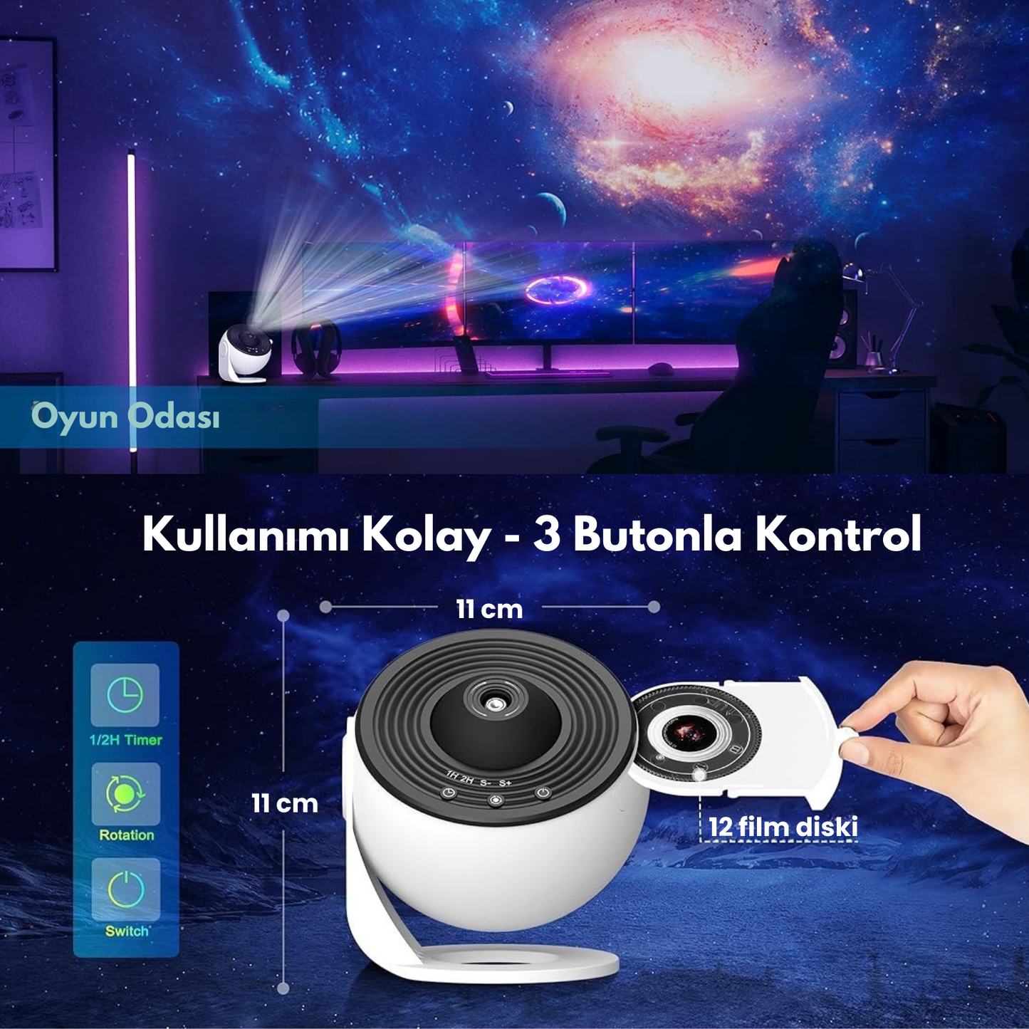 KozmoLight Galaxy Projektör, Uzay Temalı Gece Lambası