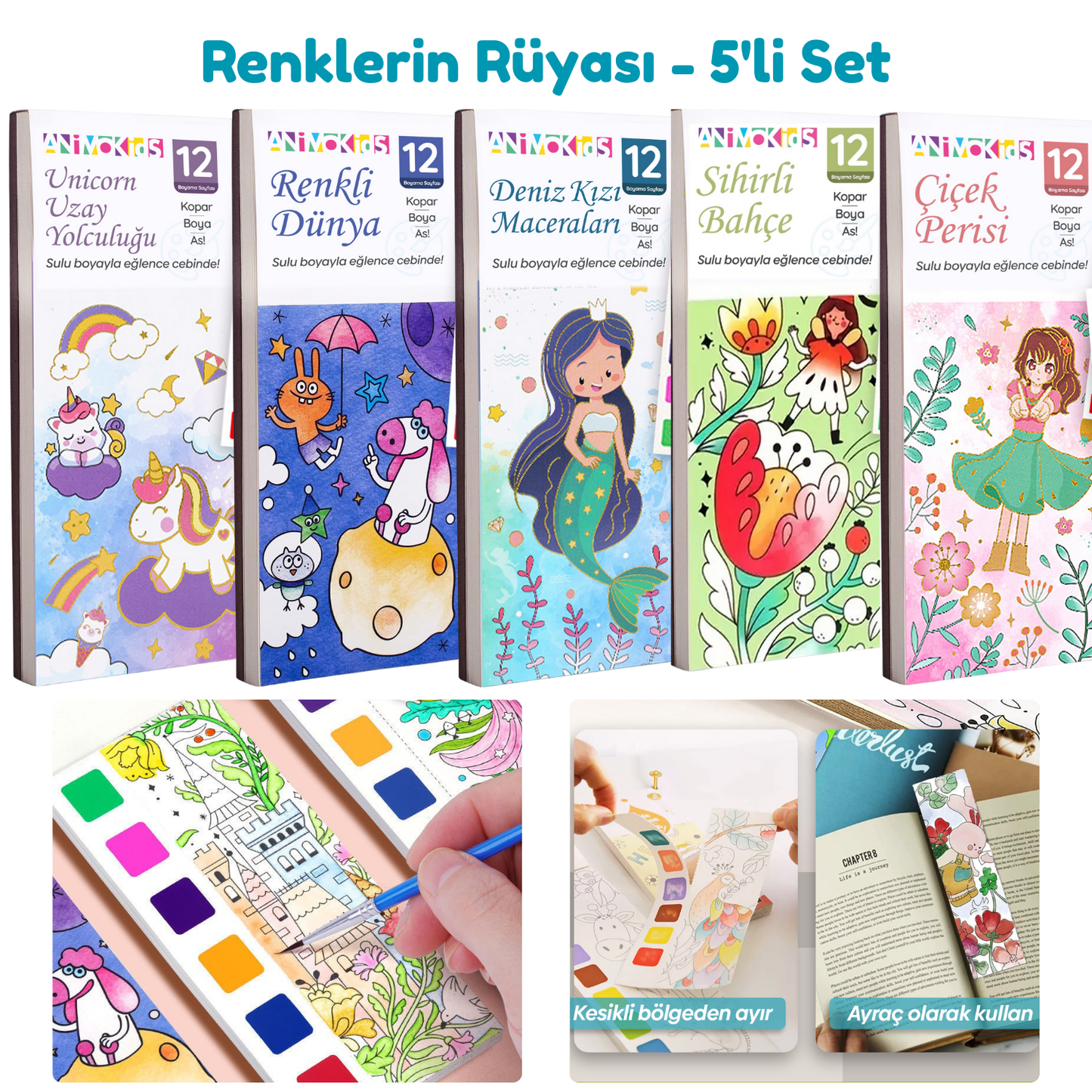 Sulu Boya Sanat Setleri – Çocuk & Yetişkin 5’li Set (Her Kitap için 1 Fırça Hediye)