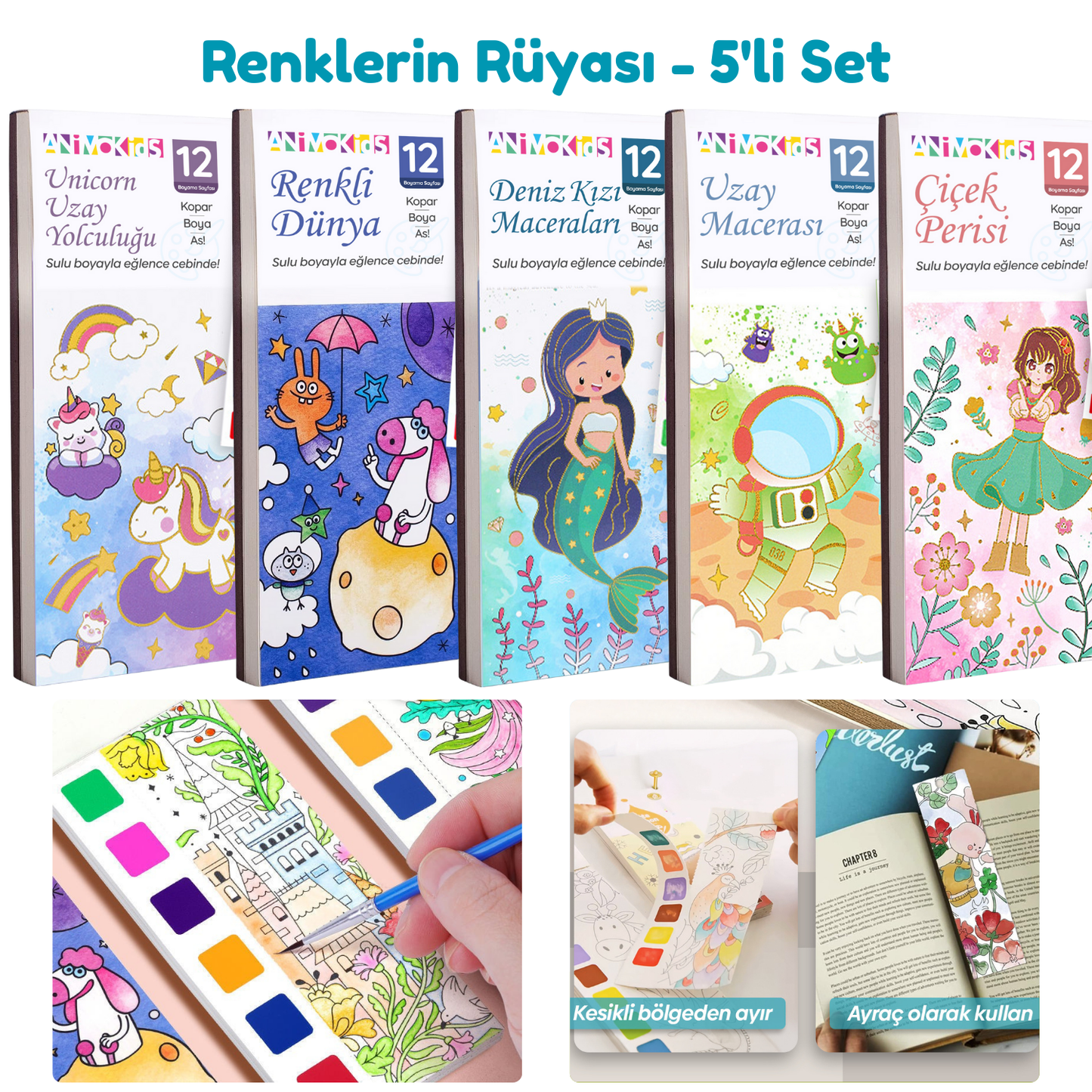 Sulu Boya Sanat Setleri – Çocuk & Yetişkin 5’li Set (Her Kitap için 1 Fırça Hediye)